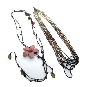 2 PC Bronze Gold Tan Tone Necklaces Beaded with Flower COSTUME JEWELRY LOT